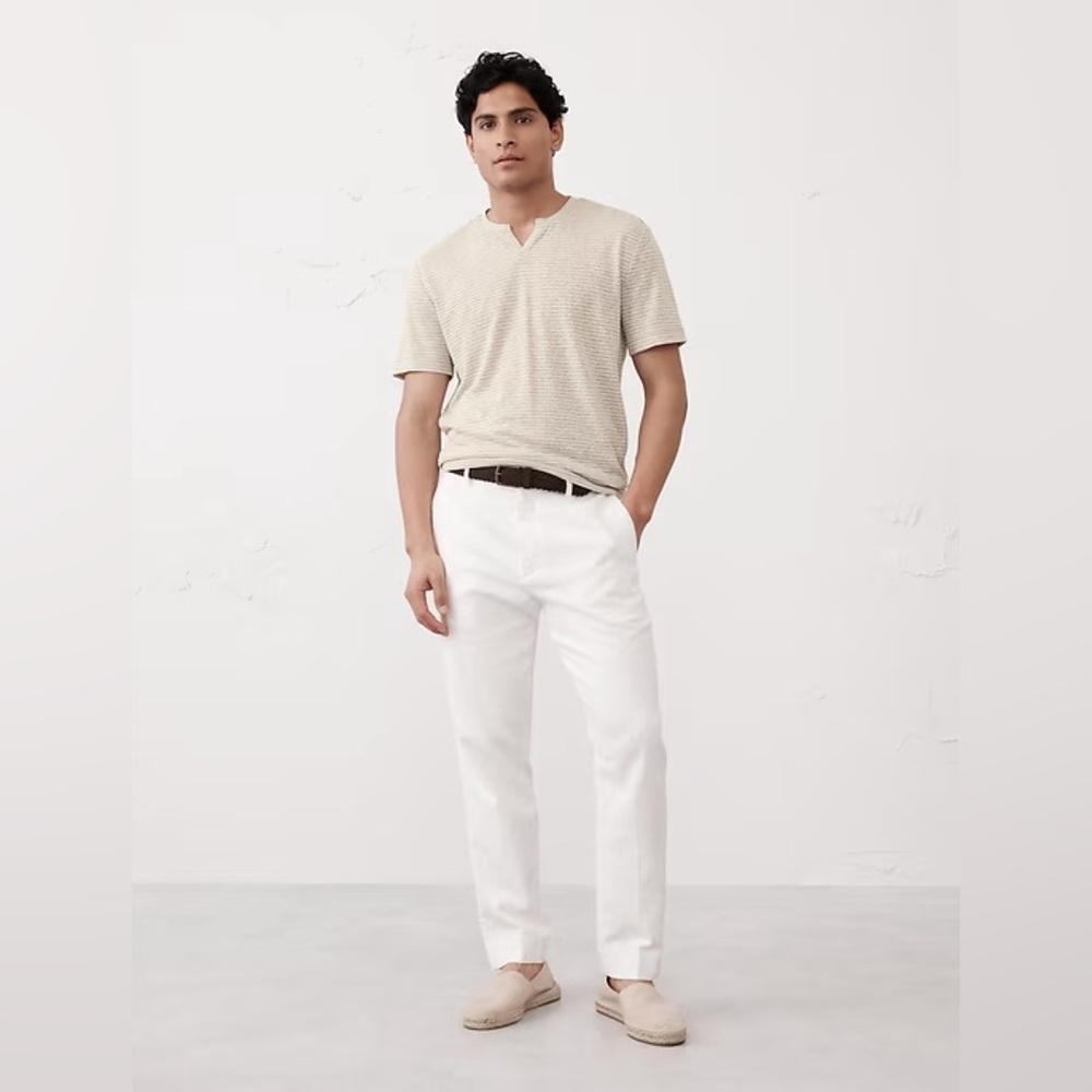 Banana Republic Men's White,Tan Stripe Linen-Blend Notch-Neck T-Shirt Size Small